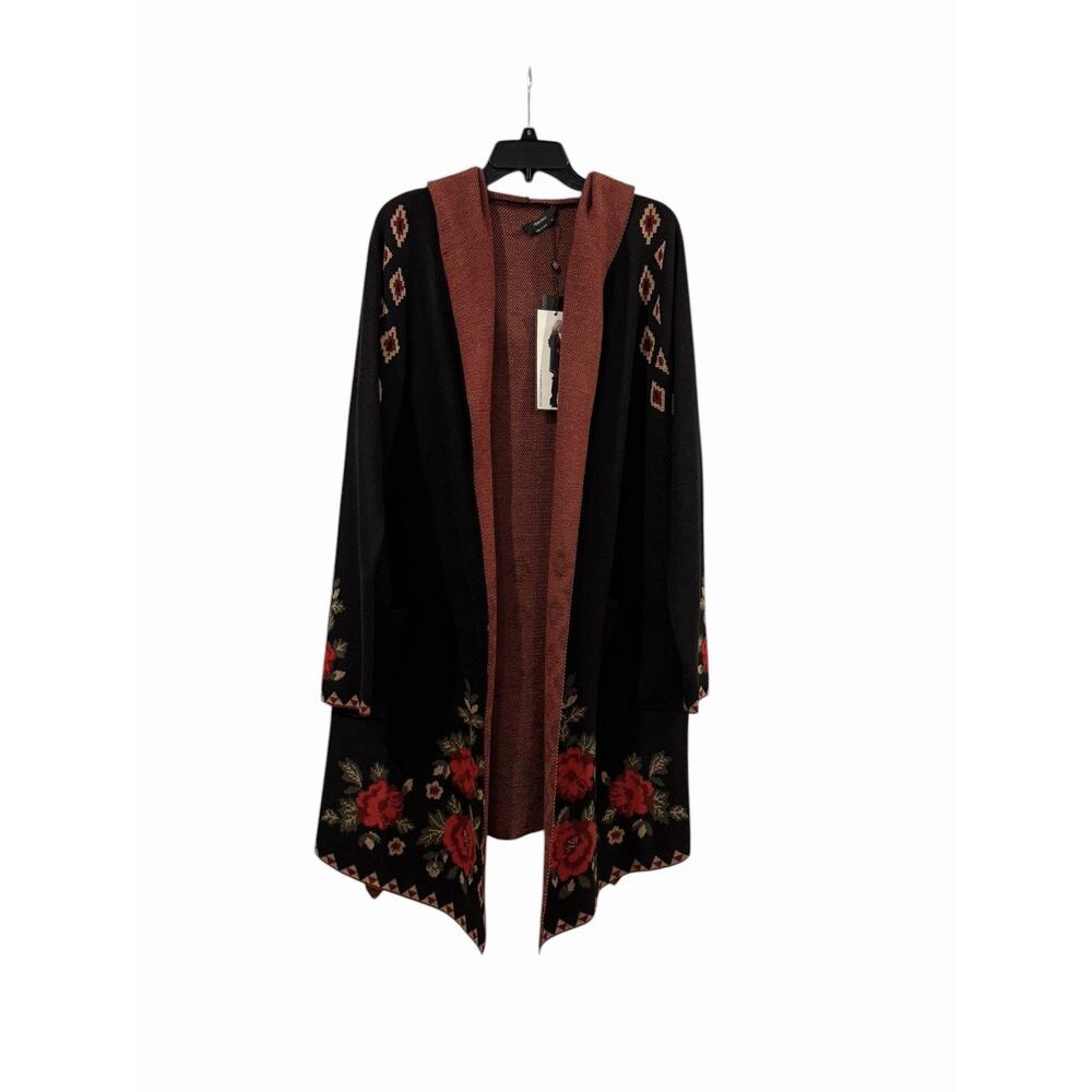 NWT Vertigo Open-Front Hooded Long Cardigan Pockets Roses Floral: Womens L